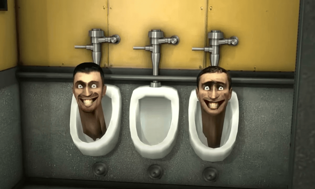 Heads emerging from a urinal in Skibidi Toilet; Fortnite skin preview