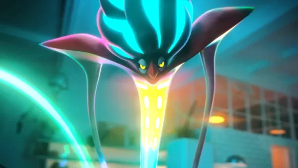 Mega Malamar from Pokemon Legends ZA hypnotizing its trainer, kitchen with dark lighting