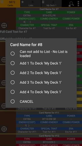 Schermata Database for Super Ball TCG 2