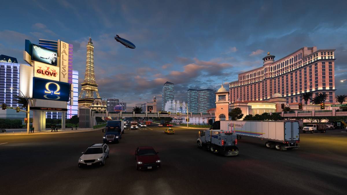 Trucks driving through Las Vegas in American Truck Simulator