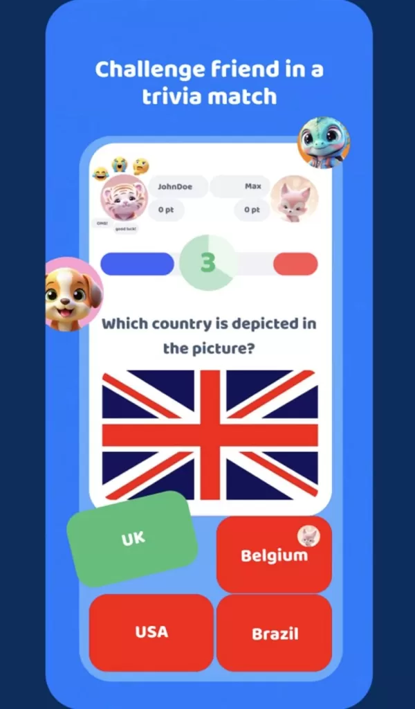 一個帶有多個答案的測驗遊戲的屏幕截圖，以確定Union Jack Flag的哪個國家。