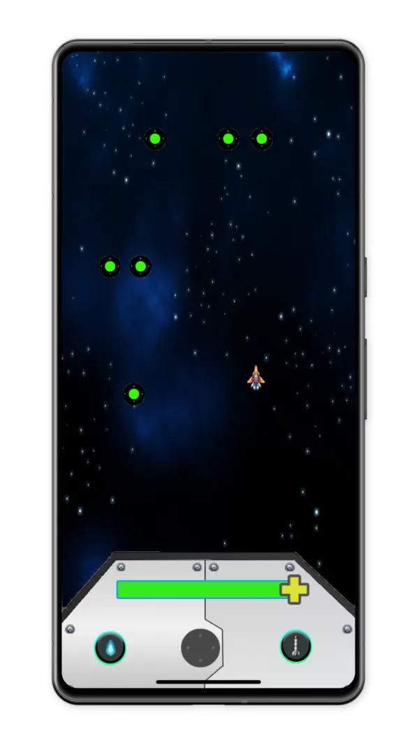 Écran mobile affichant un shoot'em up spatial science-fiction avec des contrôles style arcade pendant un combat intense