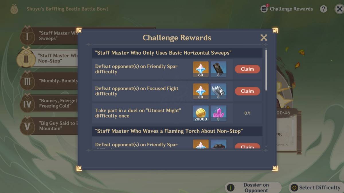 A screenshot from Genshin Impact zeigt den Abschnitt „Herausforderungsbelohnungen“ des Shuyu’s Baffling Beetle Battle Bowl-Events.“ /><figcaption class=