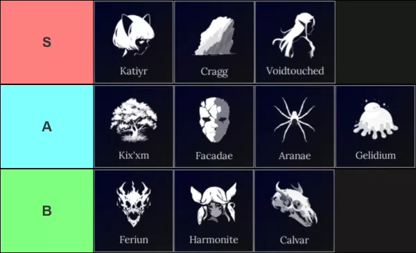 A tier list ranking all races in Absolvement Roblox, created via TierMaker: S-tier includes Katiyr, Cragg, Voidtouched; A-tier includes Kix'xm, Facadae, Aranae, Gelidium; B-tier includes Feriun, Harmonite, Calvar.